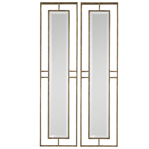 Pair of gold wall mirrors from Uttermost Rutledge set, featuring round frames and reflective glass for stylish home decor.