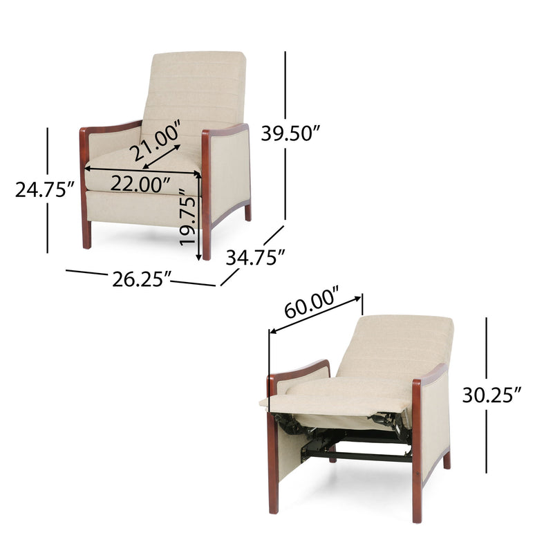 Noble House mid-century modern fabric reclining chair with channel stitch details and pushback recline mechanism.