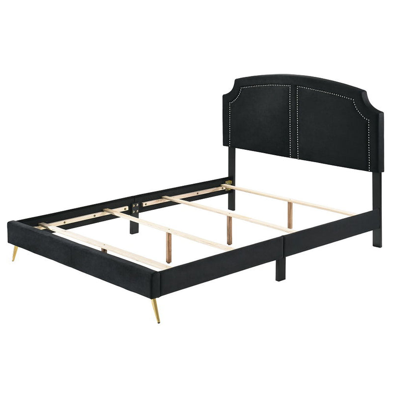 Zeena upholstered bed by ACME with a plush headboard and neutral fabric, showcasing a modern bedroom design.