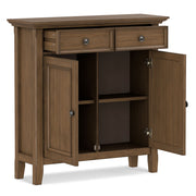 Simpli-Home Amherst accent storage cabinet with wooden finish and multiple shelves, ideal for living room or hallway organization.