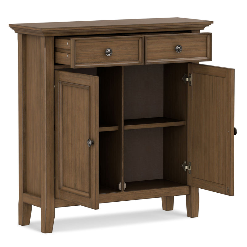 Simpli-Home Amherst accent storage cabinet with wooden finish and multiple shelves, ideal for living room or hallway organization.