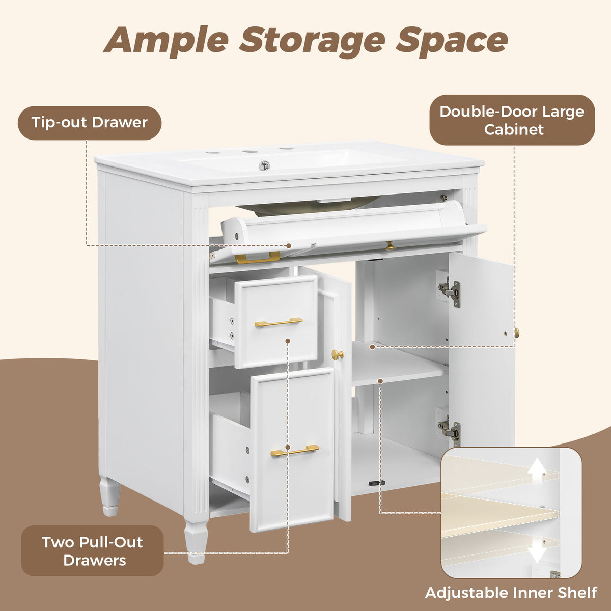 Freestanding Bathroom Vanity With Sink, Soft Close Door, Tip Out Drawer