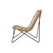 Set of two light brown wicker chairs with geometric cross metal bases, stylish and modern Noble House chair sets.