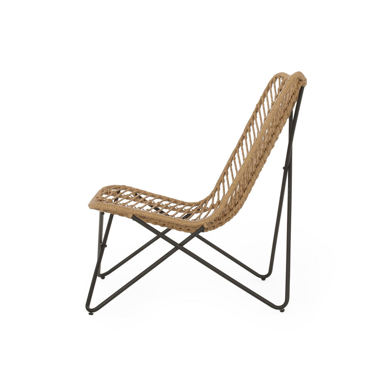 Set of two light brown wicker chairs with geometric cross metal bases, stylish and modern Noble House chair sets.