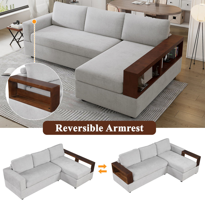 Noble House stationary sectional sofa with reversible armrests, upholstered fabric, and spacious seating for living room comfort.