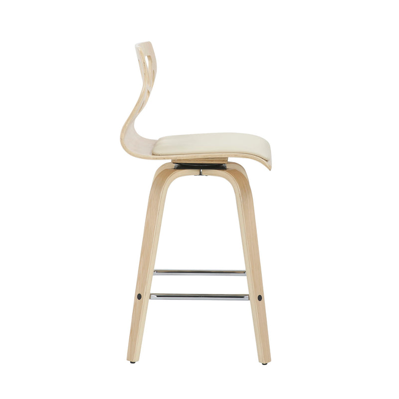 Lumi Source Folia mid-century modern counter stools with footrests, set of 2, featuring sleek designs and wooden legs.