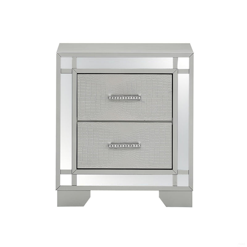 Silver champagne accent nightstand by Glory Furniture with a sleek, modern design and storage drawer for bedroom decor.