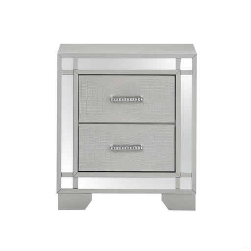 Silver champagne accent nightstand by Glory Furniture with a sleek, modern design and storage drawer for bedroom decor.