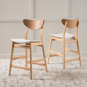 Noble House retro modern counter height stool set with cushioned seats, showcasing sleek design and wooden legs in a contemporary style.
