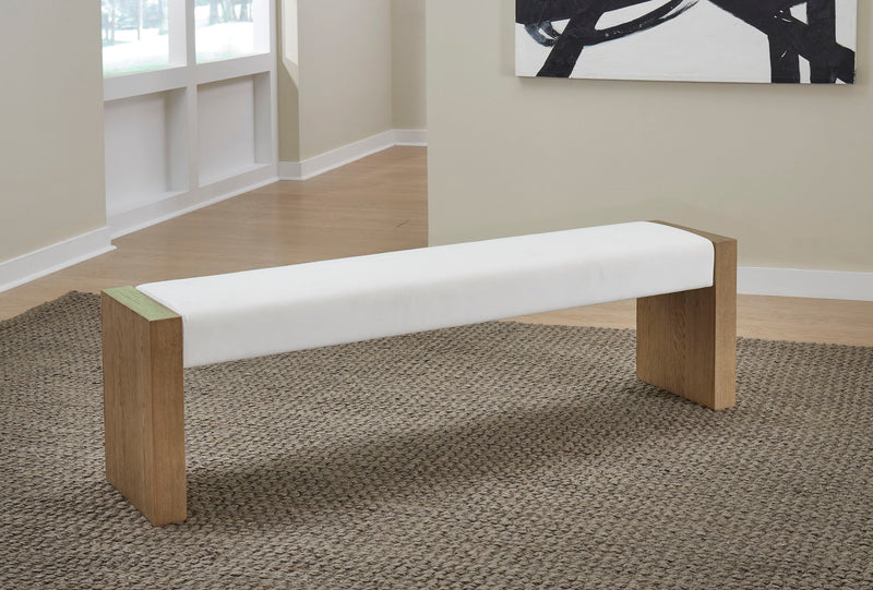 One Modern Coastal Slab Leg Upholstered Dining Bench in White Oak and White Pearl