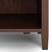 Handcrafted Warm Shaker bedside table by Simpli-Home, featuring a natural wood finish and accent design with a drawer and open shelf.