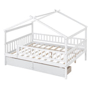 DreamHaus house bed with built-in storage drawers, featuring a cozy wooden frame and two spacious drawers underneath.