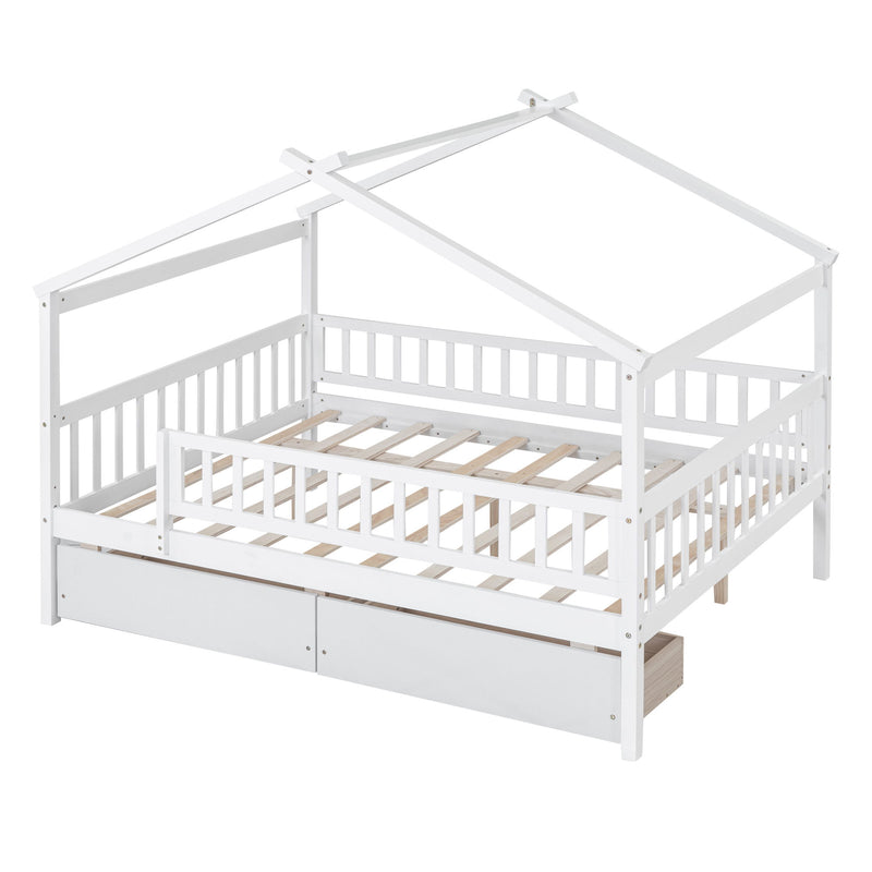 DreamHaus house bed with built-in storage drawers, featuring a cozy wooden frame and two spacious drawers underneath.