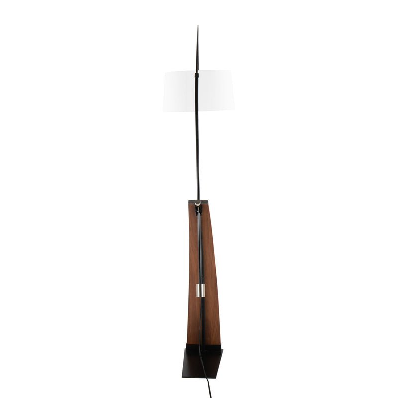 Lumi Source Robyn mid-century modern floor lamp with sleek wooden stand and adjustable white fabric shade.