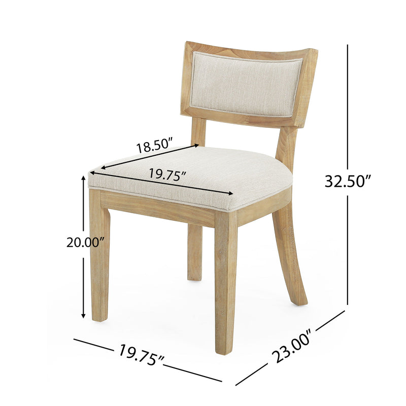 Noble House farmhouse style fabric upholstered side dining chairs set with cushioned seats and wooden legs, classic country design