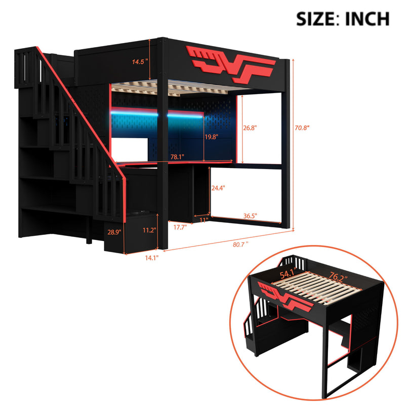 Full Gaming Loft Bed With Desk And Storage Staircase, LED Lights And USB - Red / Black - R&R Furniture Gallery (Fountain Valley, CA)