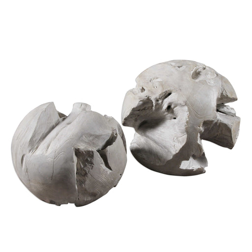 Uttermost Ermanno teak balls sculpture set of 2 in pearl silver, decorative wooden spheres for home decor.