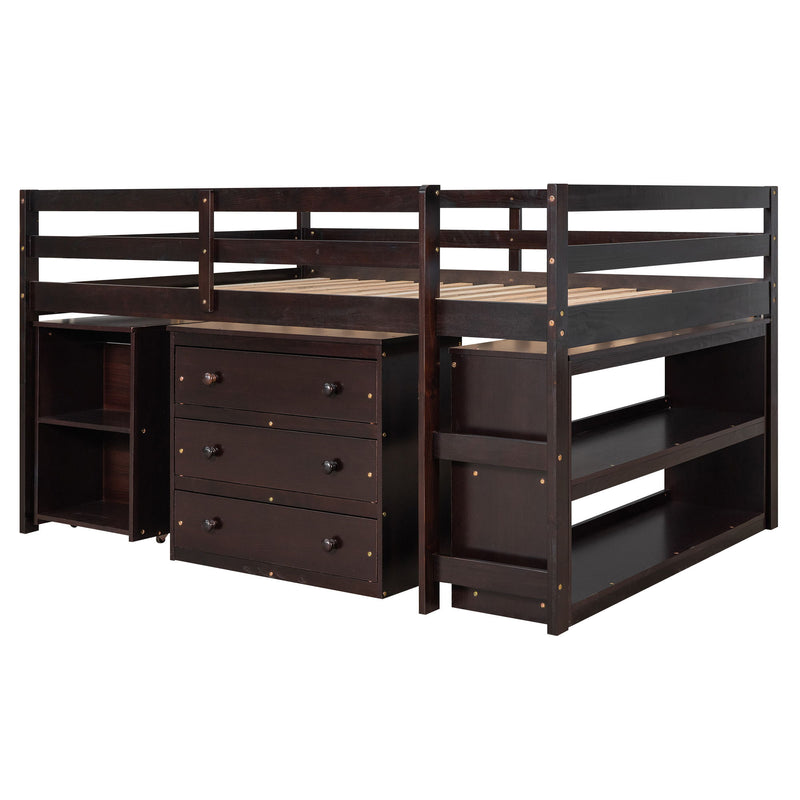 DreamHaus loft low study bed with built-in cabinet, shelves, and rolling desk, showcasing multifunctional furniture in a modern bedroom.