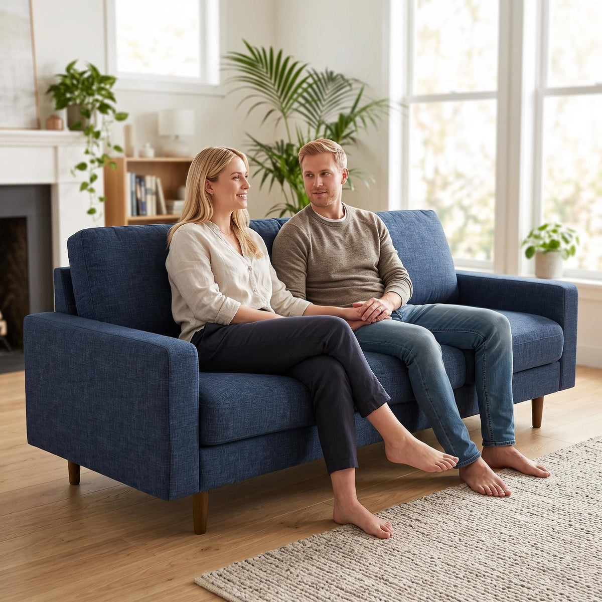 Dark blue US Pride 3 seater stationary sofa with loose back cushions and accent pillows for modern living room decor.