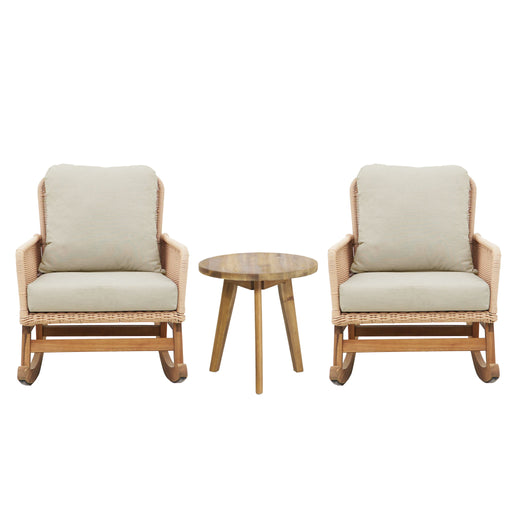 Modern 3 Piece Outdoor Seating Set With Cushioned Rattan Rocking Chairs And Wooden Accent Table - R&R Furniture Gallery (Fountain Valley, CA)