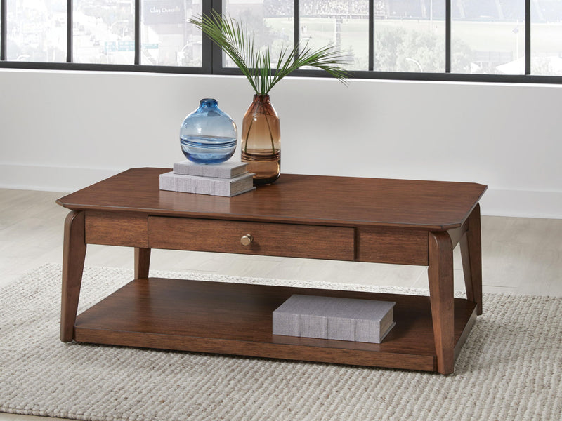 Medium brown rectangular cocktail table by Signature Design, featuring a sleek surface and sturdy wooden legs.