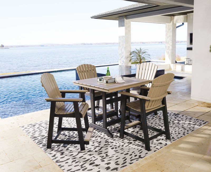Five-piece outdoor dining set by Signature Design by Ashley® with black metal frames and driftwood-colored tabletops.