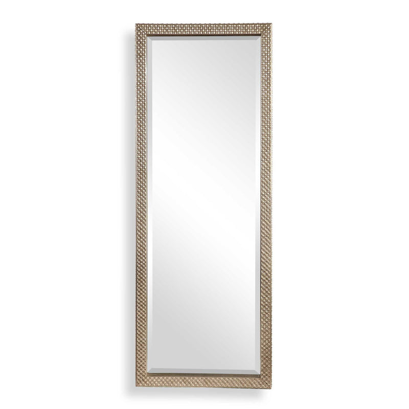 Silver metallic floor mirror by Uttermost, Cacelia design, featuring a sleek, modern mirror with a reflective silver frame.