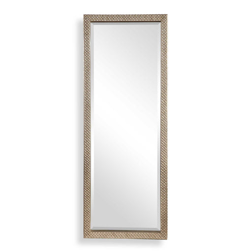Silver metallic floor mirror by Uttermost, Cacelia design, featuring a sleek, modern mirror with a reflective silver frame.