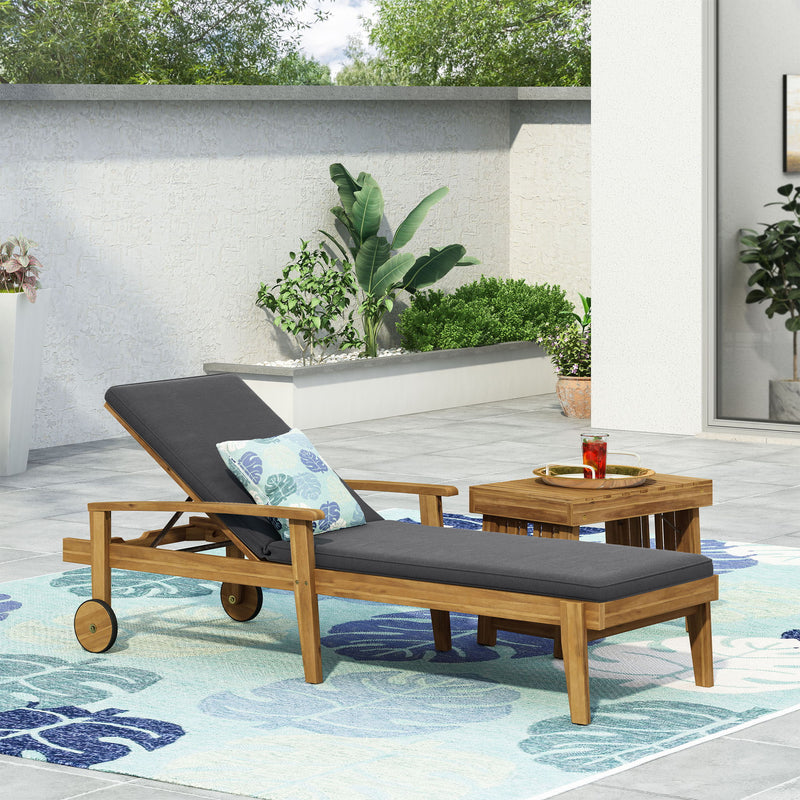 Noble House Jason chaise lounge made of adjustable acacia wood for outdoor furniture, shown in a stylish outdoor setting.