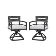 Set of two Life Outside outdoor patio swivel rockers with black frames and Sunbrella fabric cushions, ideal for outdoor seating.