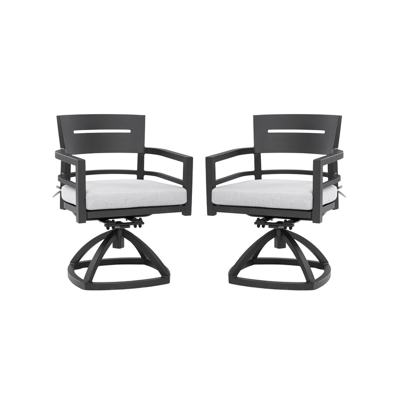 Set of two Life Outside outdoor patio swivel rockers with black frames and Sunbrella fabric cushions, ideal for outdoor seating.