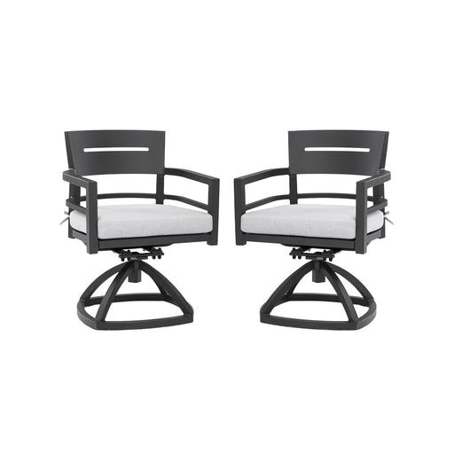 Set of two Life Outside outdoor patio swivel rockers with black frames and Sunbrella fabric cushions, ideal for outdoor seating.