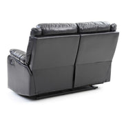 Glory Furniture reclining loveseat for two with plush cushions, dark upholstery, and built-in recline features for comfortable seating.