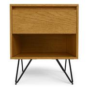 Simpli-Home Hunter accent nightstand with a dark wood finish, featuring a drawer and open shelf for bedroom storage.