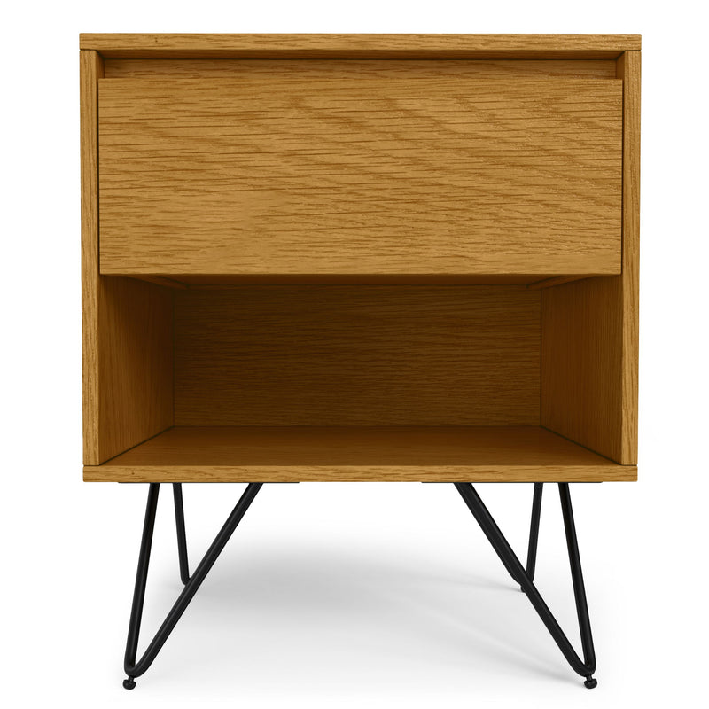 Simpli-Home Hunter accent nightstand with a dark wood finish, featuring a drawer and open shelf for bedroom storage.