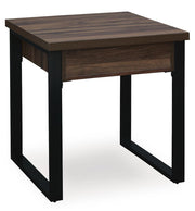 Signature Design by Ashley Wickman Falls rectangular cocktail table with a sleek wood finish and modern design.