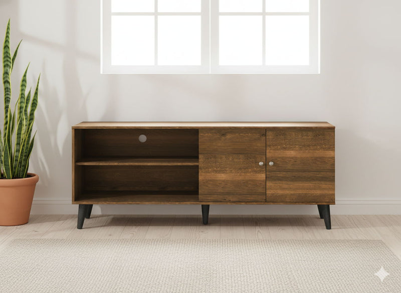 US Pride Amidon TV stand with two storage shelves and a cabinet, modern wood finish, ideal for living room entertainment setup.