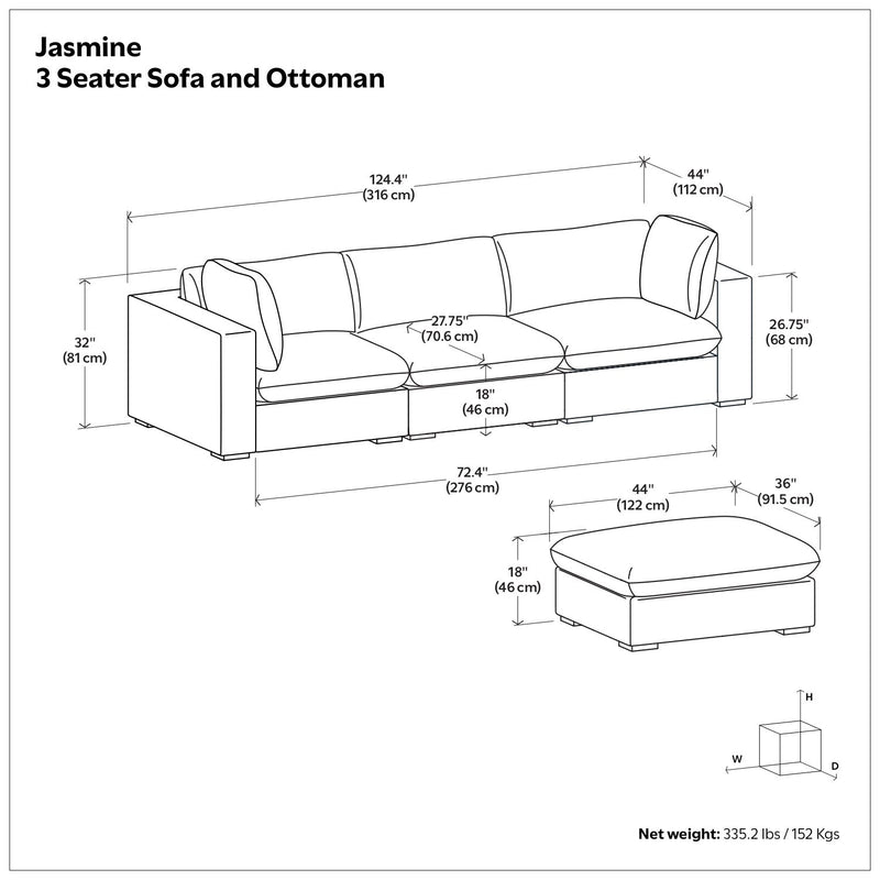 Simpli-Home Jasmine handcrafted 2-piece sofa and ottoman living room set with plush cushions and neutral fabric upholstery.