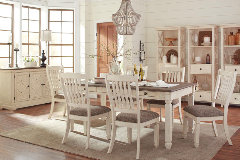 Set of two Bolanburg dining UPH side chairs with rake back in brown and beige upholstery by Signature Design Ashley.