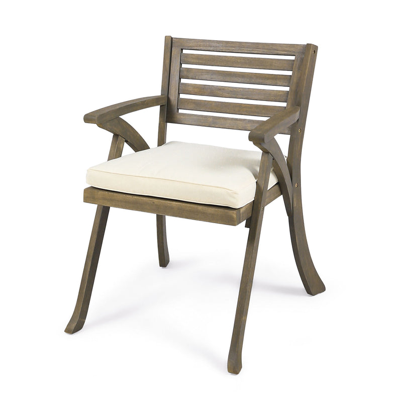 Set of two Noble House Helen outdoor dining chairs with acacia wood frames in gray and creme, ideal for patio or garden seating.