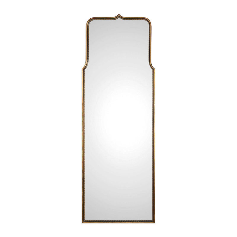 Uttermost Adelasia wall mirror with antiqued gold finish, ornate frame, and elegant design for stylish wall decor.