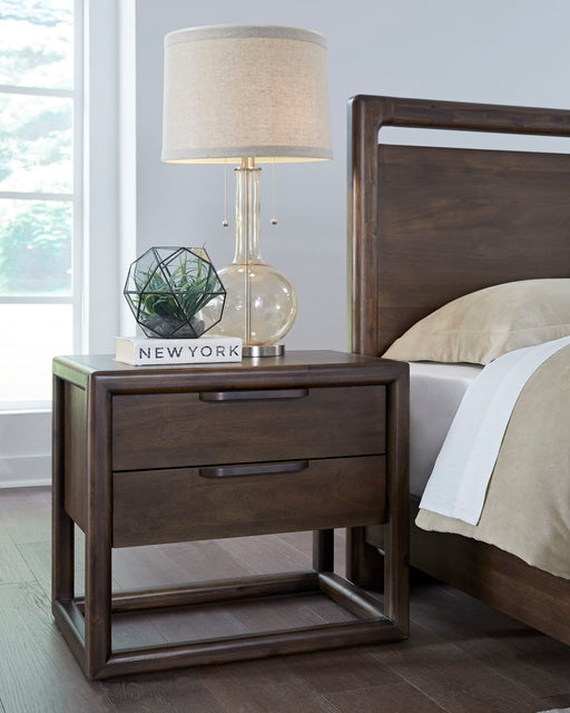 Modus Sol Two Drawer USB-Charging Nightstand in Brown Spice showing sleek wood finish, two drawers, and built-in USB ports.