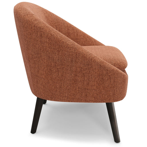 Simpli-Home Redding upholstered accent chair with plush fabric and wooden legs, modern design for living room or lounge area.