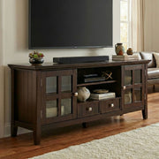 Simpli-Home Acadian TV media stand with open shelving and storage compartments, made of wood in a modern design.