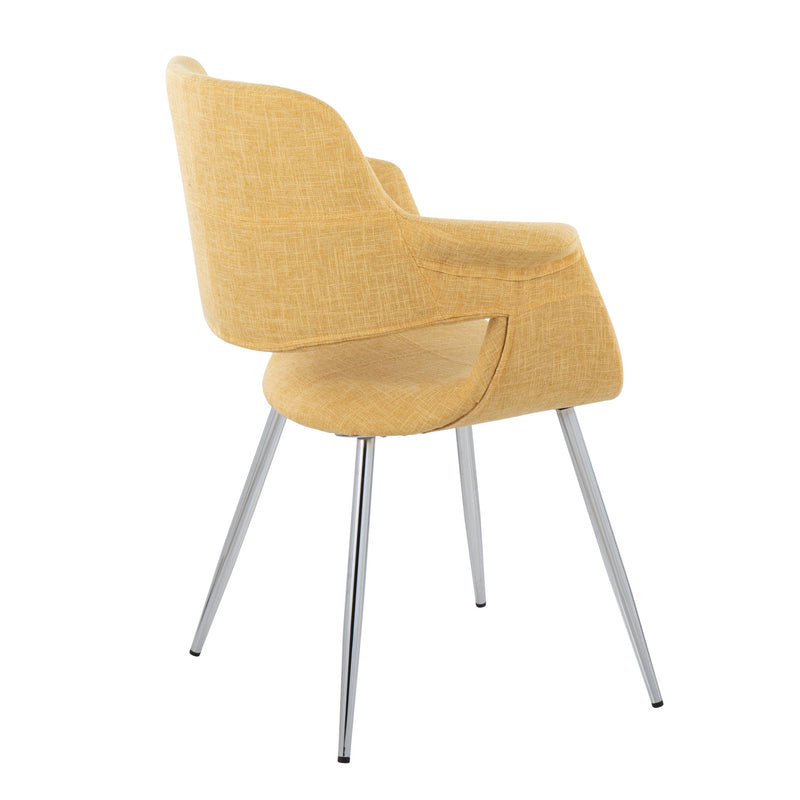 Set of two Lumi Source vintage flair art deco accent chairs with chrome legs, upholstered in yellow, black, blue, or cream fabric.