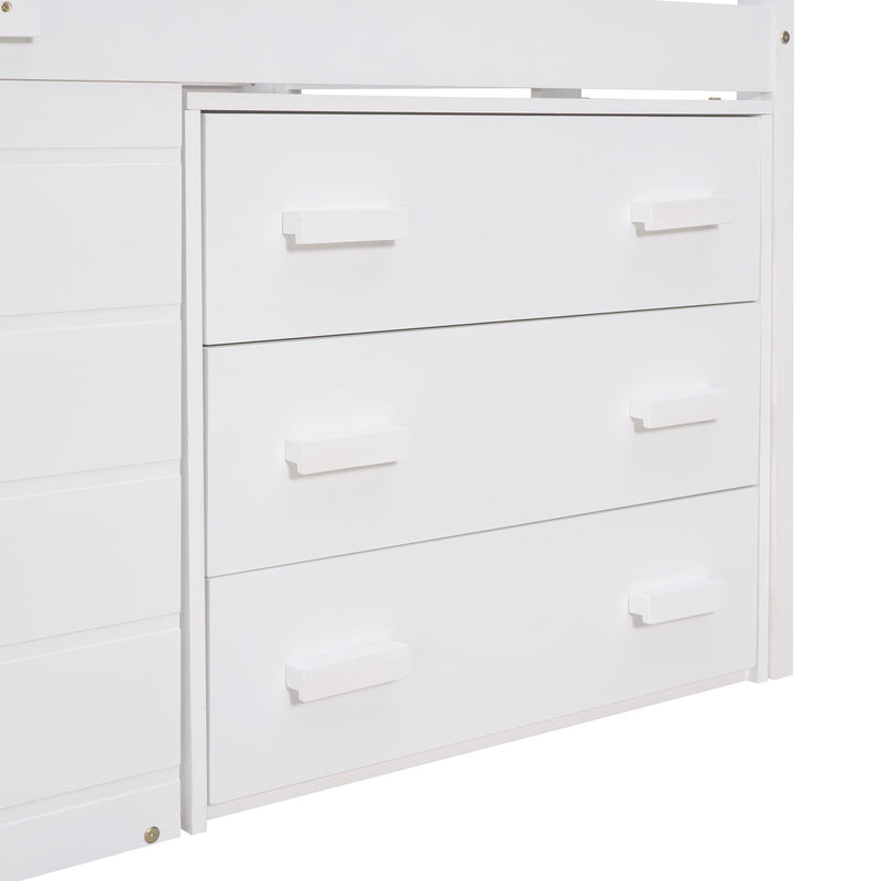 DreamHaus loft bed with built-in cabinet and shelf, featuring a modern design with a sturdy wooden frame and functional storage.