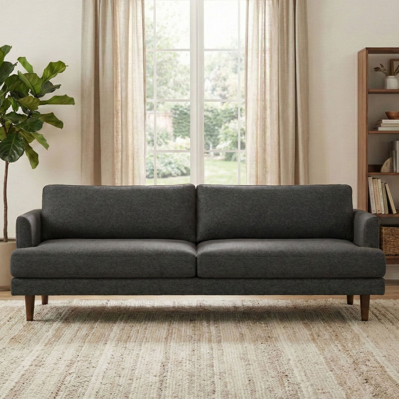 Simpli-Home Livingston upholstered stationary sofa with plush cushions and neutral fabric, ideal for modern living rooms.