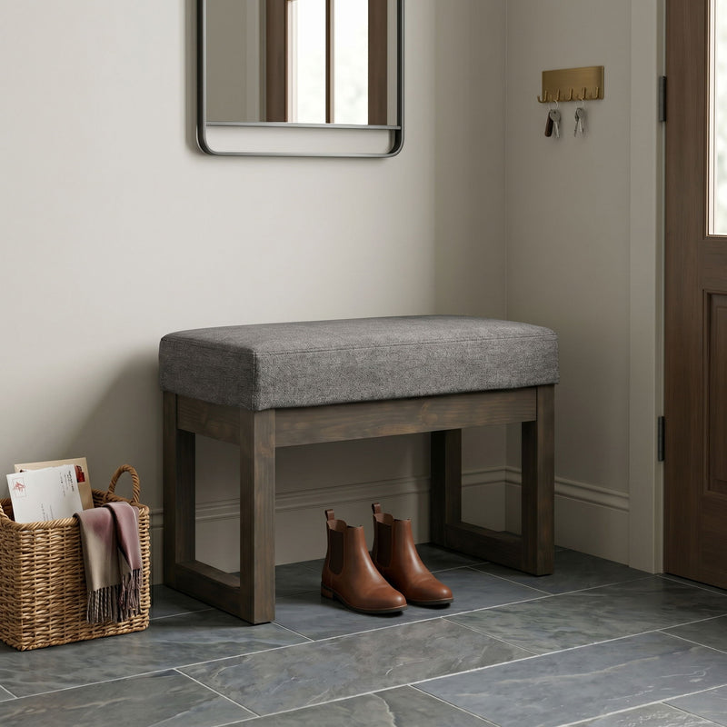 Simpli-Home Milltown upholstered ottoman bench with fabric cushioning and wooden legs, suitable for living room or bedroom decor.