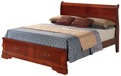 Glory Furniture upholstered panel sleigh storage bed with padded headboard and dark wood finish, showcasing elegant craftsmanship.