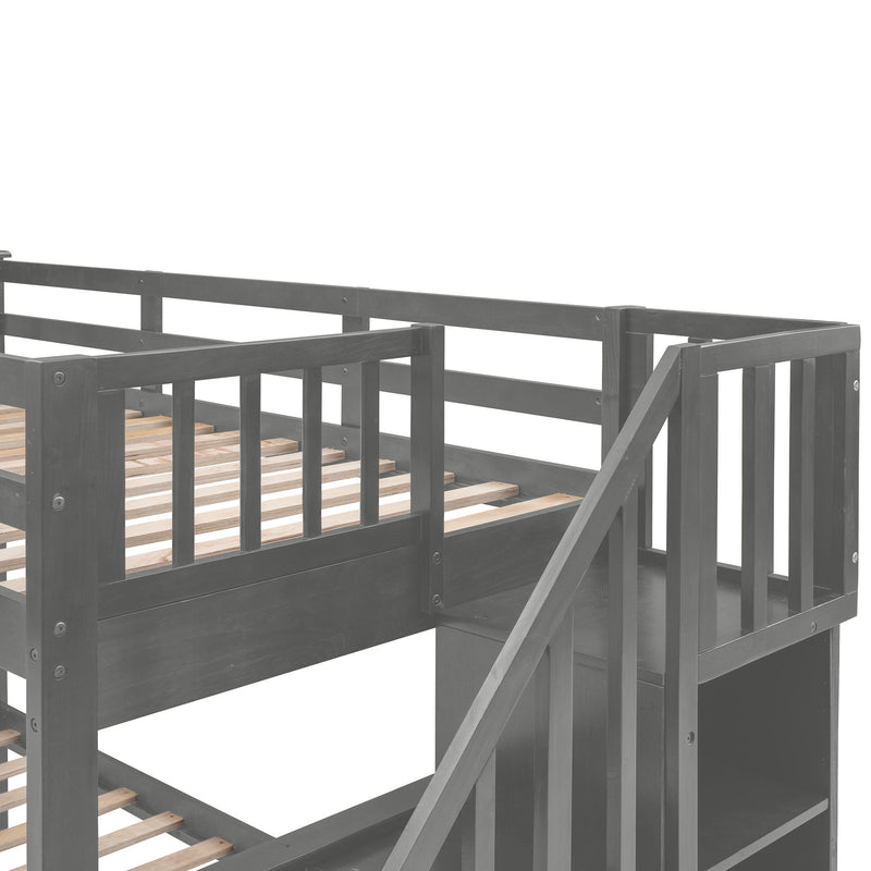 DreamHaus stairway bunk bed with built-in storage drawers, guard rail, and sturdy wooden frame for bedroom sleeping arrangements.
